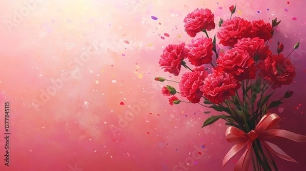 Fototapeta A soft pink background featuring a beautiful bouquet of carnations surrounded by colorful confetti, creating a festive and cheerful atmosphere, perfect for celebrations, birthdays, and joyful themes.