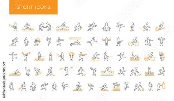 Fototapeta Line set of sports icons. Vector linear symbol of sportsmen