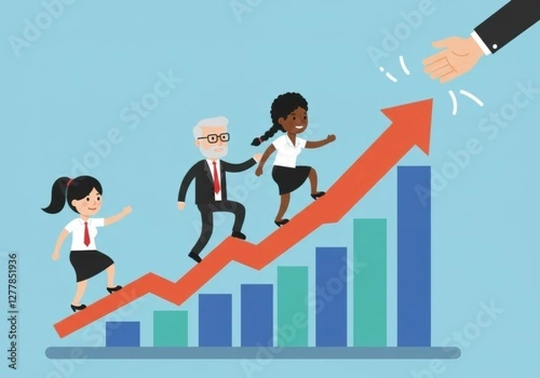 Fototapeta Team progress climbing success: diverse colleagues ascending a growth chart towards opportunity