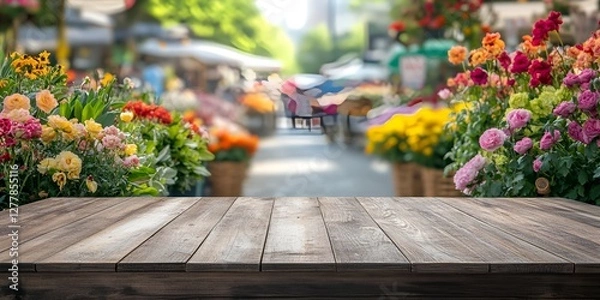 Fototapeta Empty wooden table top with a blurred background of a flower market on a sunny day, for product display montage, digital backdrop, stock photo, photography, sunlight, and bokeh. white background