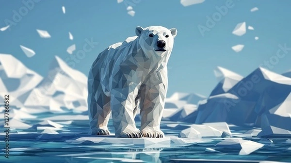 Obraz Low-poly polar bear standing on melting ice floe.
