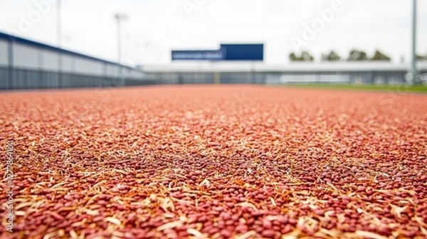 Fototapeta Tranquil Zen Garden with Symmetrical Arrangement of Red Pebbles Beneath a Soft Overcast Sky