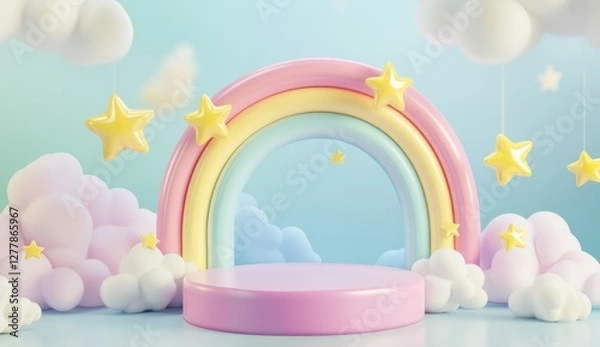 Fototapeta Pastel rainbow stage, clouds, stars, product display (2)