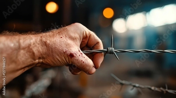 Fototapeta A close-up of a hand grasping barbed wire, showcasing tension and raw emotion against a blurred industrial background.