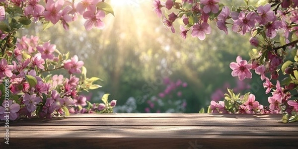 Fototapeta Spring background with a wooden table and le blossoms in a garden, a blurred green spring fores
