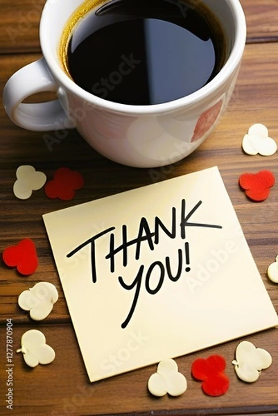 Fototapeta Thank you message on a paper with coffee mug. Concept: Thanks, wishing, greetings