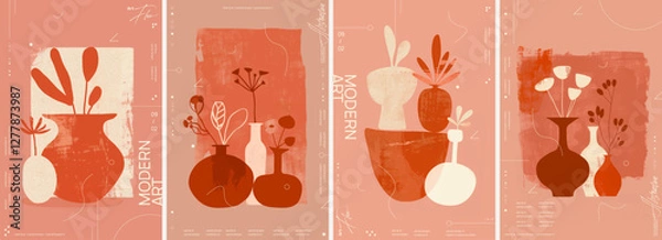Obraz 4 posters flat vector graphic with a warm coral background, featuring minimalist abstract shapes of vases and plants in shades of white, red and orange.