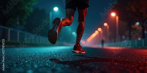 Fototapeta Night Runner's Pursuit A Low-Angle View of Legs and Feet During an Evening Run on a City Street