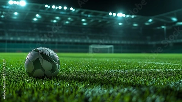 Obraz Night Football Stadium: Soccer Ball on Lush Green Field Under Bright Lights