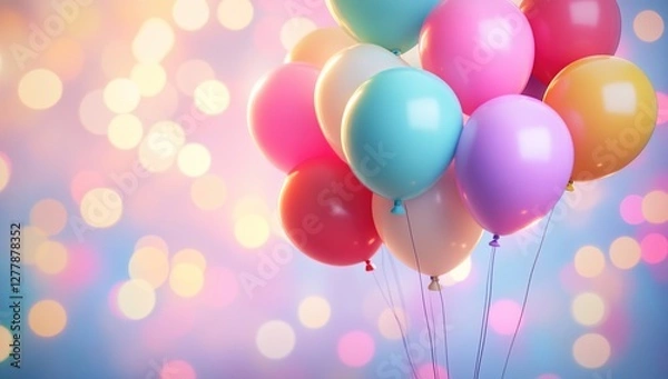 Fototapeta Colorful Balloons Float Joyfully Upward in Celebration Against a Sparkling Bokeh Background