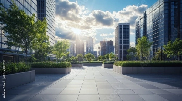 Fototapeta The outdoor square of the city has green plants and concrete planters, with high-rise buildings in the background. The wide-angle lens captures the entire scene, highlighting its modernity. Bright sun