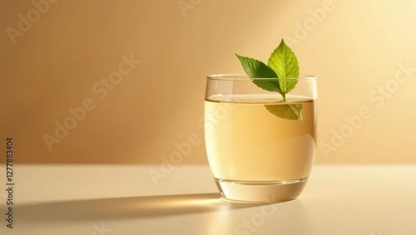 Fototapeta A refreshing herbal infusion, delicately garnished with fresh leaves, sits in a clear glass, bathed in soft, warm light, creating a serene and inviting atmosphere.
