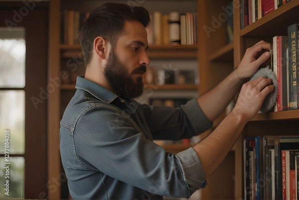 Fototapeta Man Dusting Bookshelf at Home