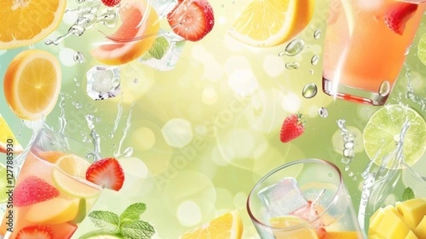 Fototapeta Vibrant citrus and berry infusions with ice and fresh mint on light background