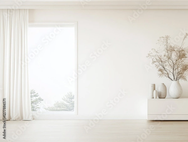 Fototapeta Modern minimalist interior featuring natural decor and large window with soft lighting