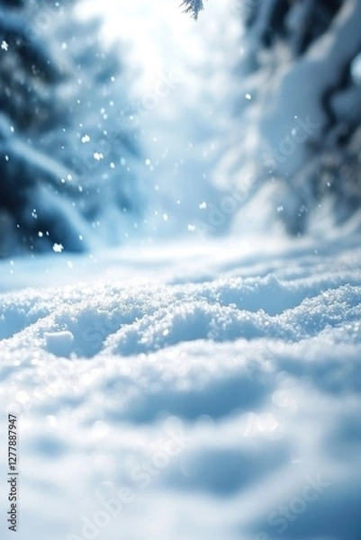Fototapeta Serene Winter Wonderland Scene of Fresh Snowfall on a Forest Floor with Soft Light and a Cold Atmospheric Mood