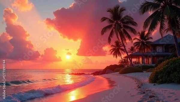 Obraz Tropical Beach House Sunset Vibrant Hues Paint the Sky Above a Tranquil Ocean Scene