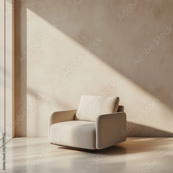 Fototapeta "3D-Rendered Modern Minimalist Interior with Stylish Armchair – Warm Cream-Colored Wall, Serene Atmosphere, High Detail, 4K Resolution"