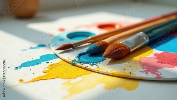 Fototapeta Artistic Paintbrushes Resting on a Colorful Palette with Vibrant Hues and Splashes of Paint