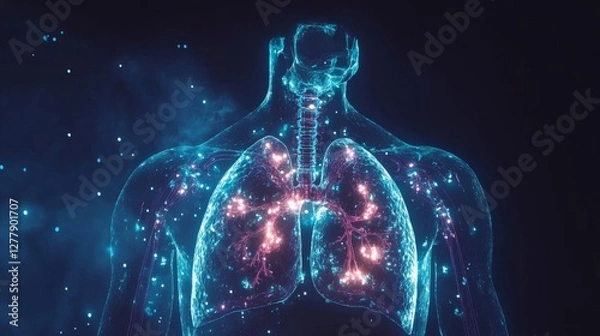 Fototapeta Human lungs highlighted in glowing blue, medical body scan concept on futuristic science background with digital data and molecular structures, 3d illustration for healthcare, pulmonology, and respira