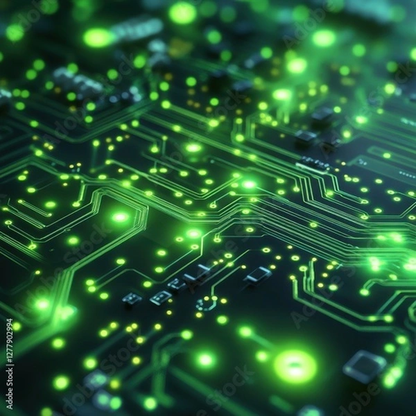 Fototapeta Glowing Green Circuit Board: High-Tech Abstract Background