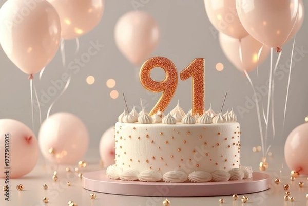 Obraz 3D minimal birthday cake, 91 with light balloons, custom text space.