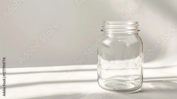 Fototapeta A clear empty glass jar on a white background, capturing natural light illuminating its surface