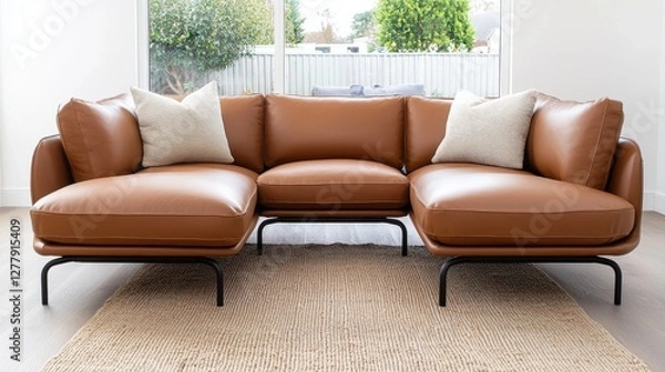 Fototapeta Mid century modern furniture, Stylish brown leather sofa with decorative cushions, set in a bright room with natural light and a rug.