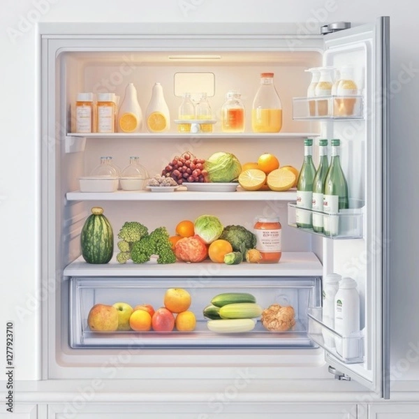 Obraz Open refrigerator filled with fresh food and dr...