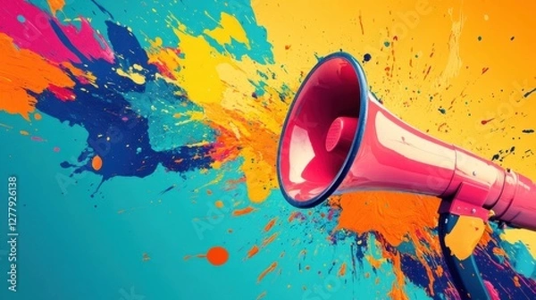 Obraz Vibrant Announcement: A Megaphone Amidst a Colorful Explosion