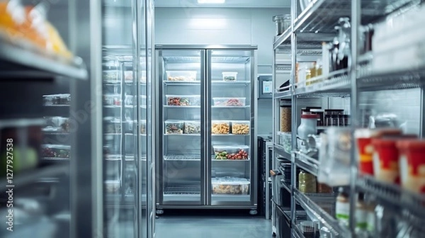 Fototapeta Organized Commercial Kitchen Pantry with Stainless Steel Refrigerators and Shelving Units