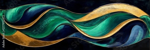 Fototapeta A high-gloss resin painting with bold emerald green, navy, and gold swirls flowing fluidly.