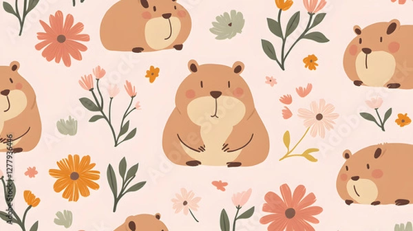 Fototapeta Cute Hamsters with Flowers on Soft Pink Background, Playful Pattern
