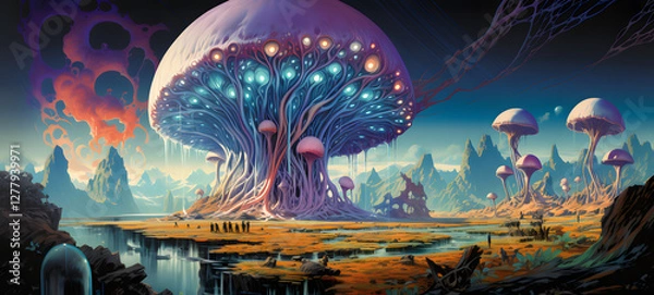 Fototapeta an extremely detailed study of a diamond chrome mushroom monster standing in a psychedelic landscape