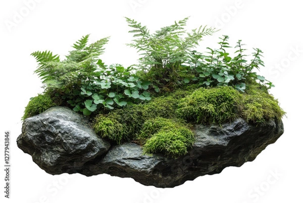 Obraz moss and fern growing on rock, isolated on black