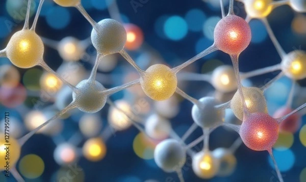 Fototapeta Close-up view of a molecular structure with colorful atoms against a blurred background