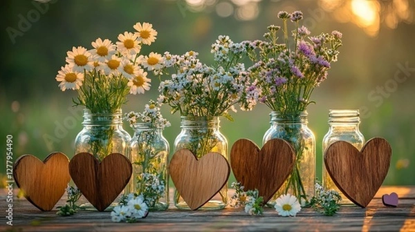 Fototapeta A rustic Valentinea??s decor setup with wooden hearts and glass jars holding fresh-picked wildflowers on a vintage table in natural evening light. 32k