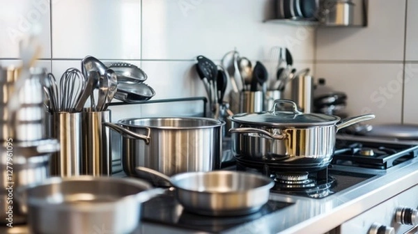 Obraz Elegant kitchen space with essential cookware and modern furnishings.