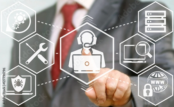 Fototapeta Business, finance, internet concept - businessman presses support icon. Businessman touched repairer sign with laptop and headset. Network, technician, technical. Customer service for apps, websites.