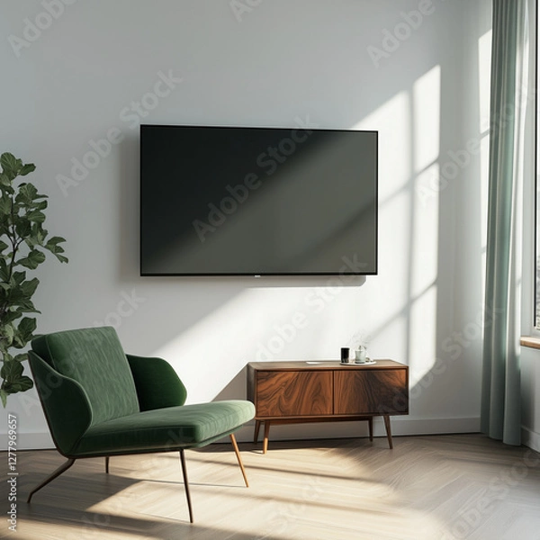 Obraz "3D-Rendered Mockup of Wall-Mounted TV in Modern Living Room – Stylish Green Armchair and Minimalist Decor Creating a Cozy Contemporary Atmosphere