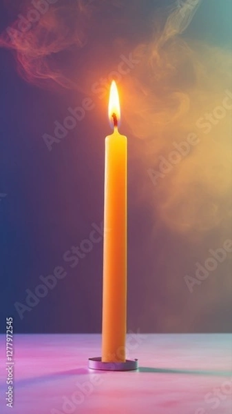 Fototapeta Glowing birthday candle on a smooth pastel surface in warm lighting. Generative AI