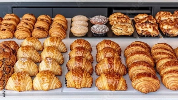 Obraz Golden Pastries Delight Freshly Baked Croissants Muffins Display for Customers Food Variety Selection