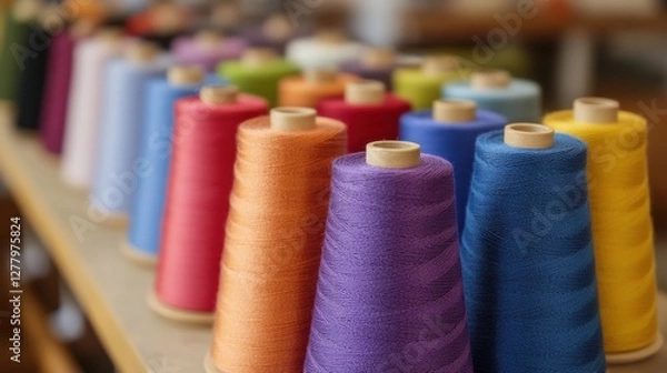 Fototapeta Vibrant Thread Spools in a Craft Workshop with Soft Focus Background