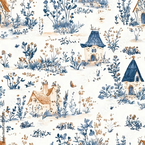 Obraz Whimsical Fairy Garden Gnome Seamless Pattern Tiny House Cottagecore Background