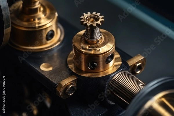 Fototapeta Close-up of intricate brass and black metal components, showcasing precision engineering and mechanical details.