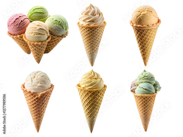 Obraz Delicious ice cream in a waffle cone, Ice cream scoop on a waffle cone, and cone ice cream isolated