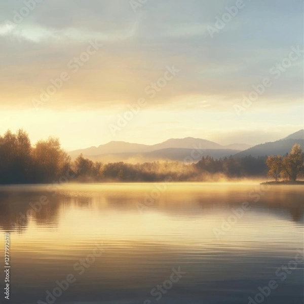 Fototapeta Serene Dawn Landscape: Tranquil Lake with Mist and Golden Sunlight - A Captivating Nature Scene