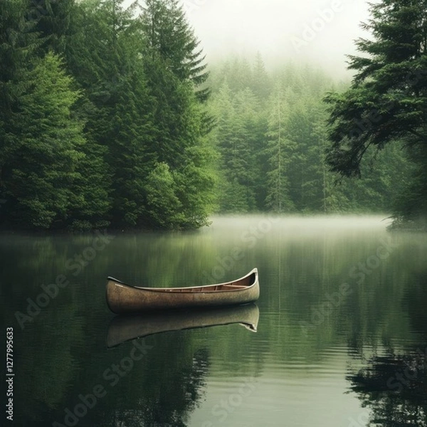 Obraz Serene Misty Morning on a Calm Lake: A Canoe Drifting Amidst Lush Green Trees and Fog