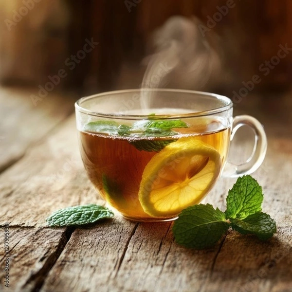Obraz Refreshing Herbal Tea with Mint and Lemon: A Cozy Morning Scene on Rustic Wooden Table