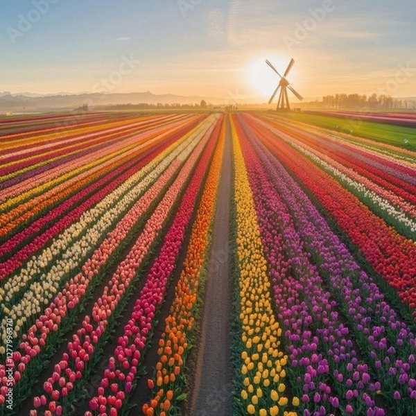 Obraz Breathtaking Aerial View of Vibrant Tulip Fields in Full Bloom: A Colorful Landscape of Red, Yellow, Pink, and Purple Flowers